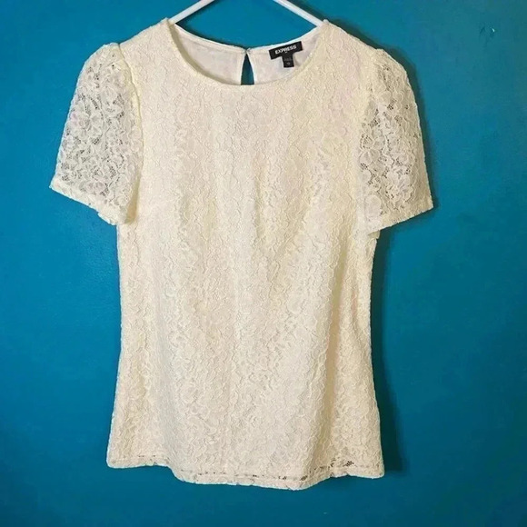 NWOT Express Guipure Lace Puff Sleeve Top - Picture 2 of 6